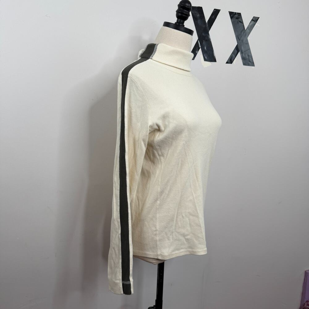 RLX Ralph Lauren Ivory Olive Stripe Turtleneck Ribbed 100% Cotton Top Luxe M